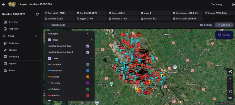 Access Quest Professional suite showing a mapped Hamilton project, feature categories and survey controls